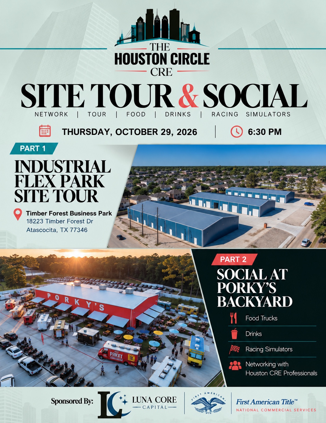 The Houston Circle CRE Site Tour and Social flyer, October 29, 2026